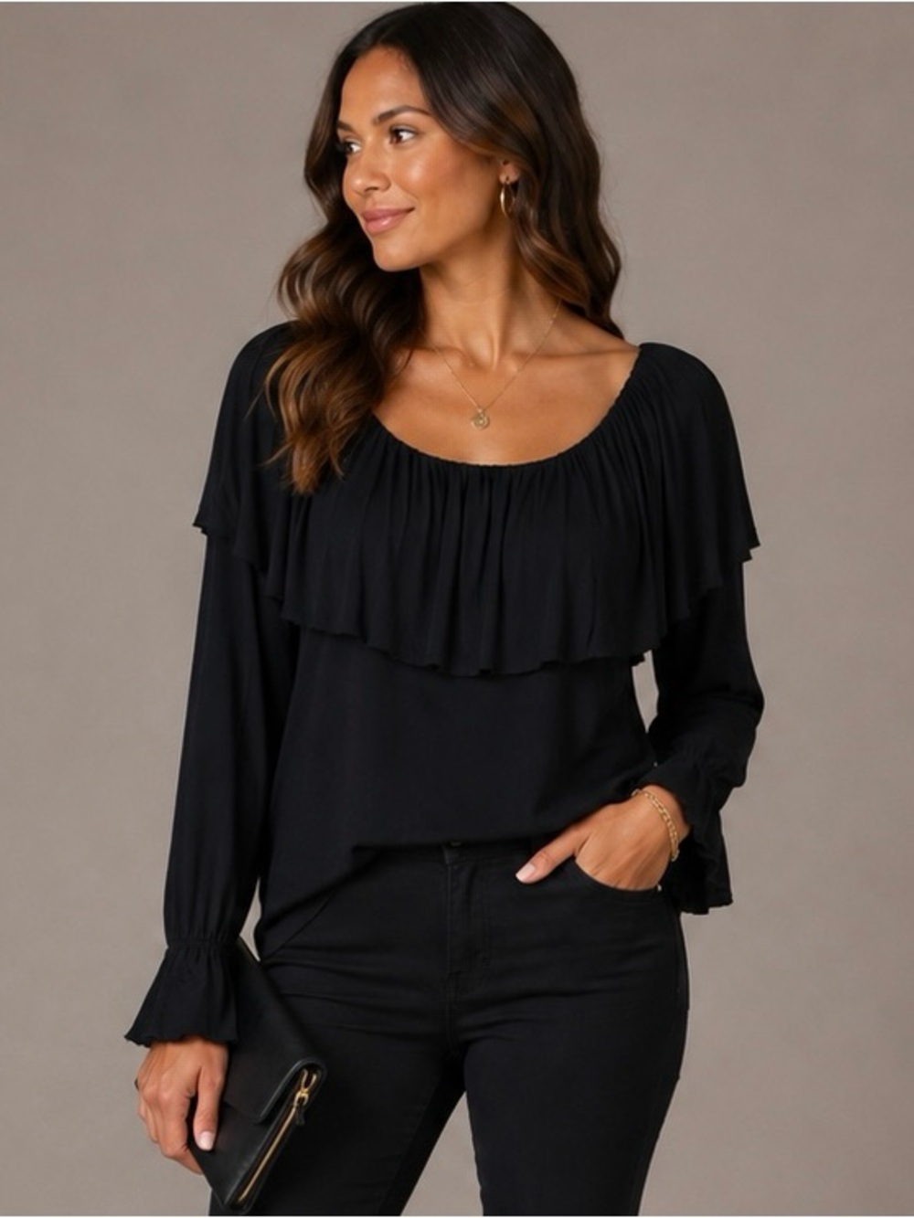 LA Made Black Ruffle Off Shoulder Long Sleeve Micromodal Top Medium NWOT